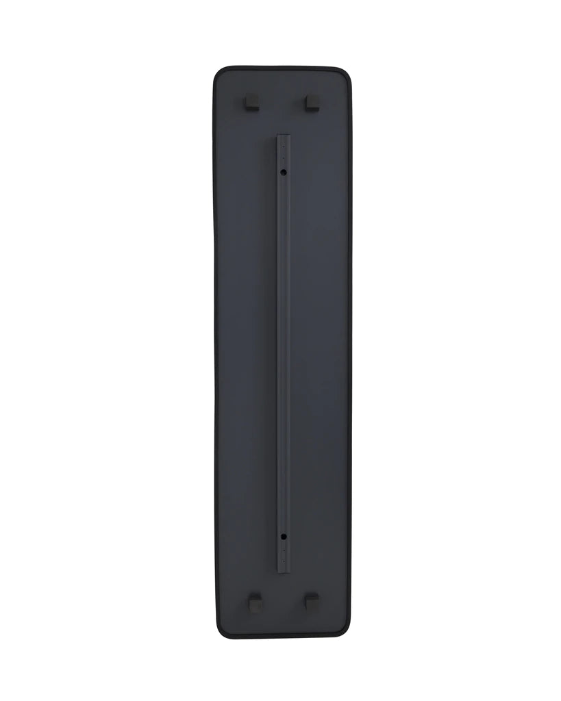 A black HUB LEANING MIRROR - BLACK by Umbra on a white background featuring a full-length mirror.