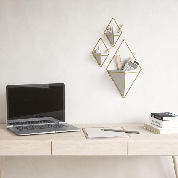 A desk with a Trigg Wall Vessel | Large - White/Brass by Umbra on it and a laptop on top of it, surrounded by indoor plants.