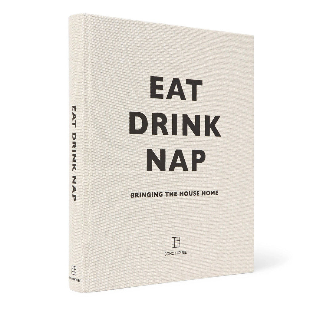 Eat, Drink, Nap hardback standing upright with the cover facing forward