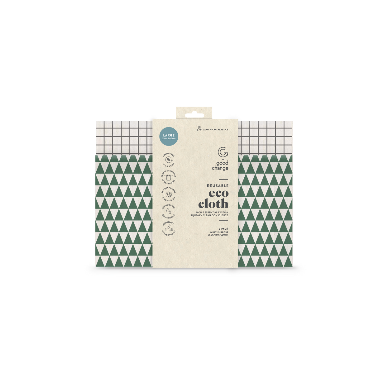 A set of Good Change's ECO CLOTH - LARGE (2-PACK) clean and sustainable green and white triangles on a white background.