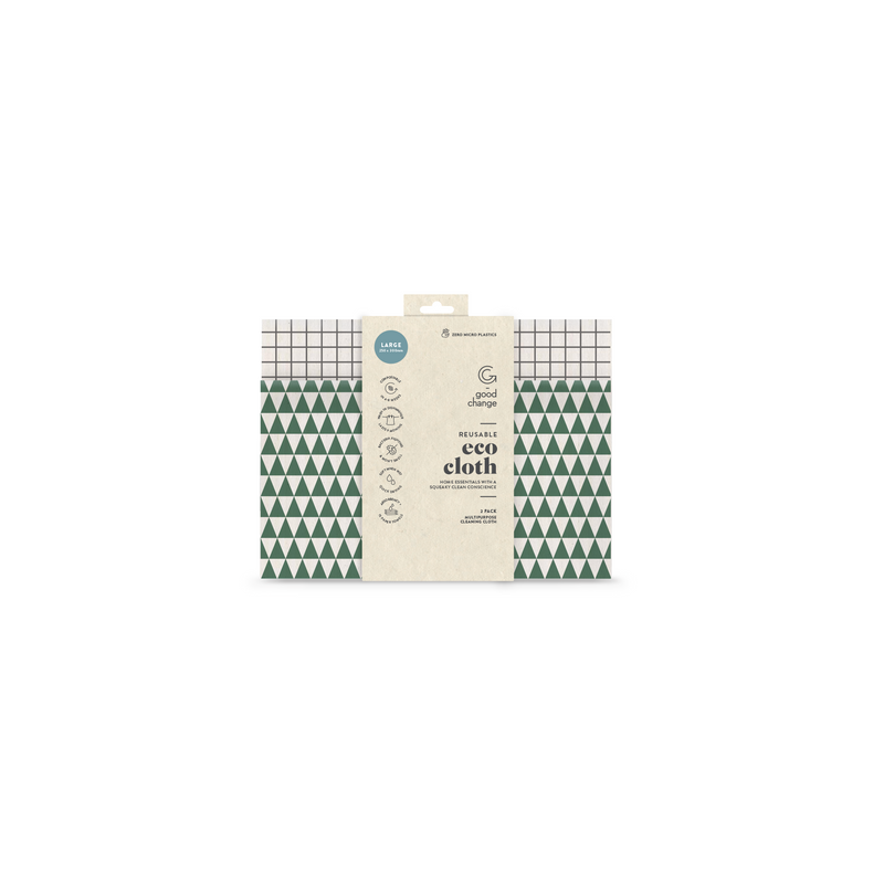 A set of Good Change's ECO CLOTH - LARGE (2-PACK) clean and sustainable green and white triangles on a white background.