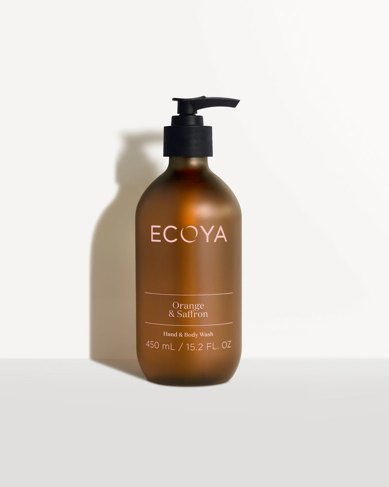 Fragrant and nourishing Limited Edition | Orange & Saffron Hand & Body Wash by Ecoya in a bottle on a white background.