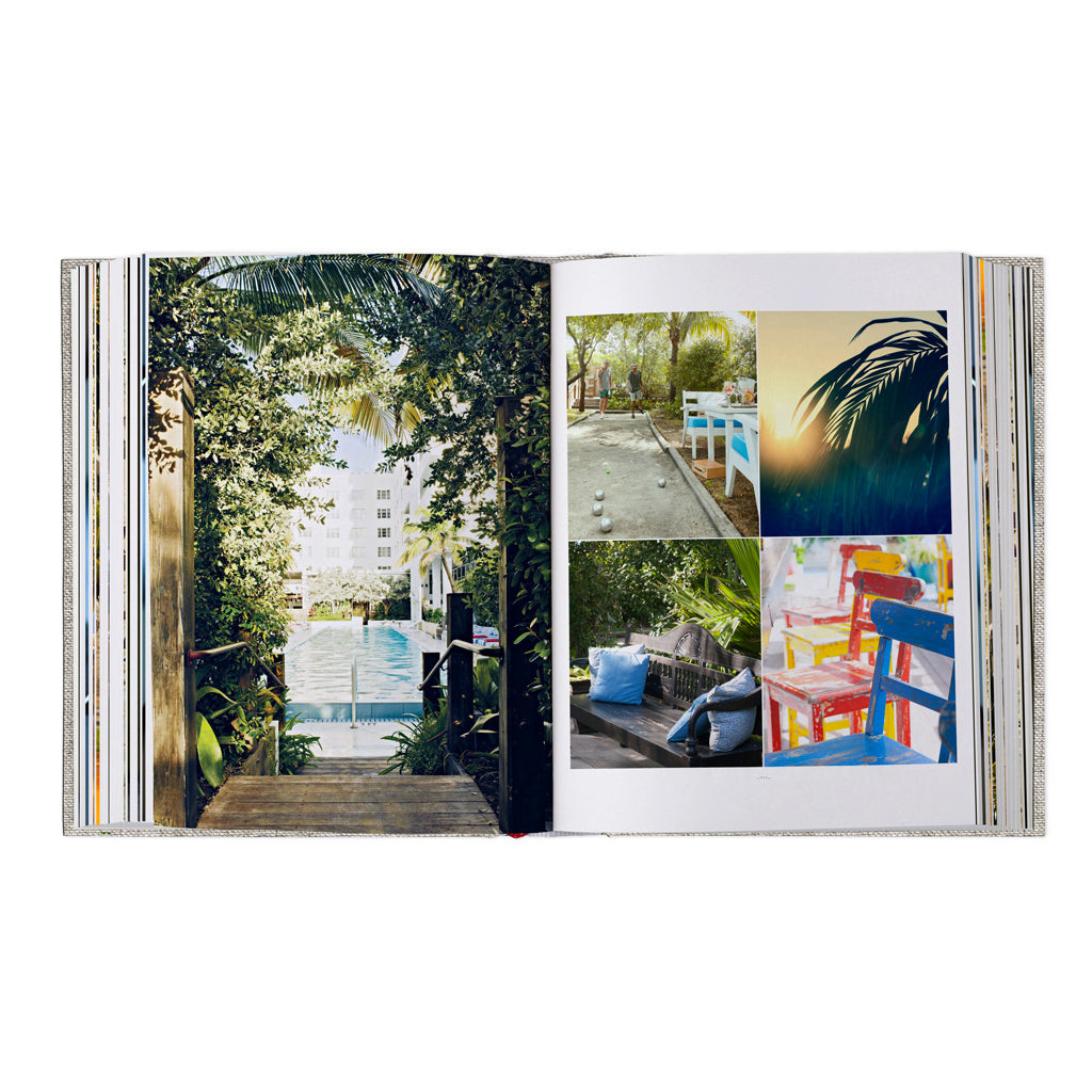 Open spread showing a poolside garden and interiors