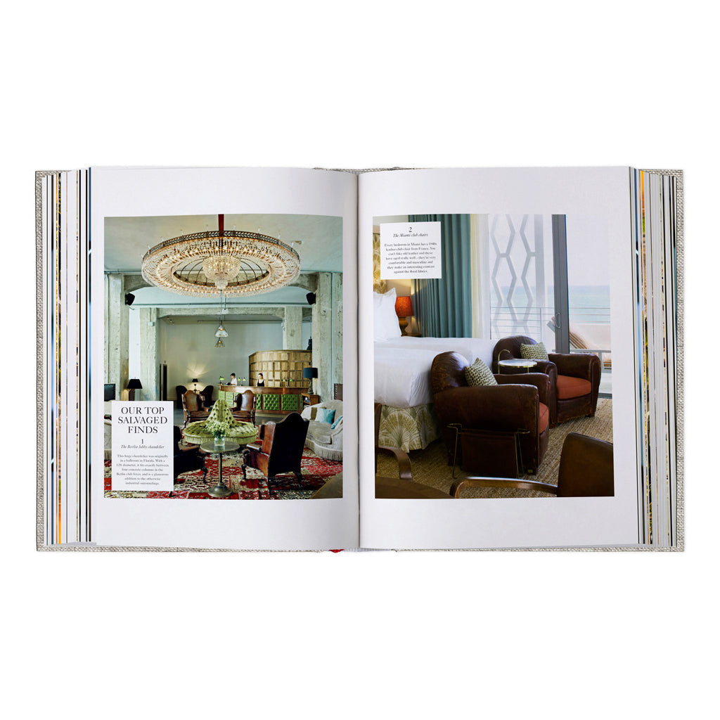 Open spread showing a living room and a bar interior