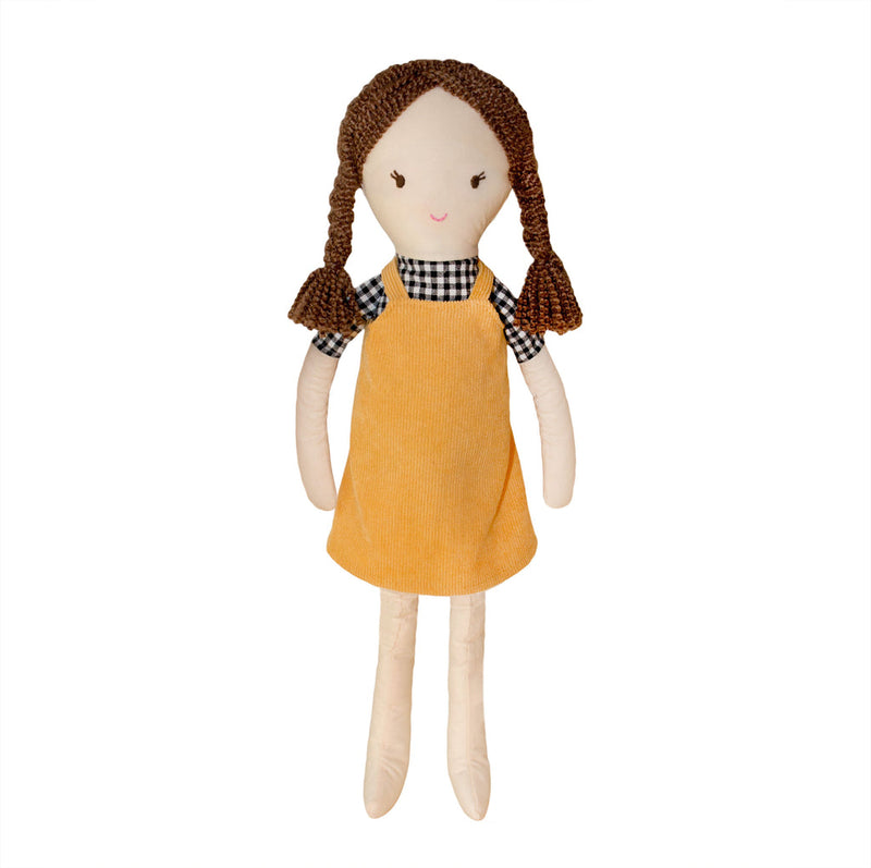 An Arabella Doll with brown hair and a checkered dress from Lily & George.