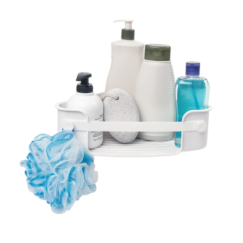 A white Umbra Flex Gel Lock Corner Bin with soaps and other items.