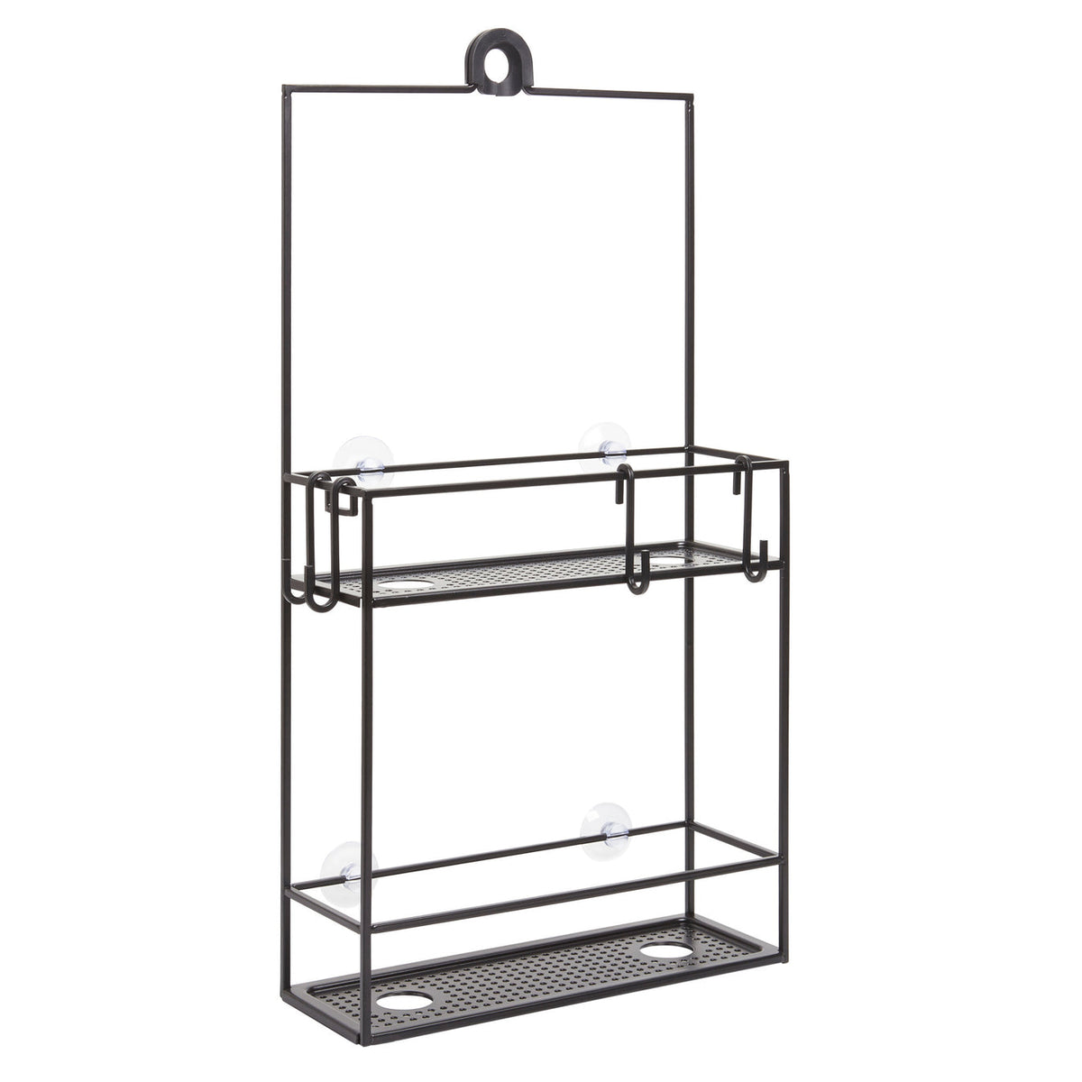Umbra Cubiko black two-tier shower caddy hanging over shower head