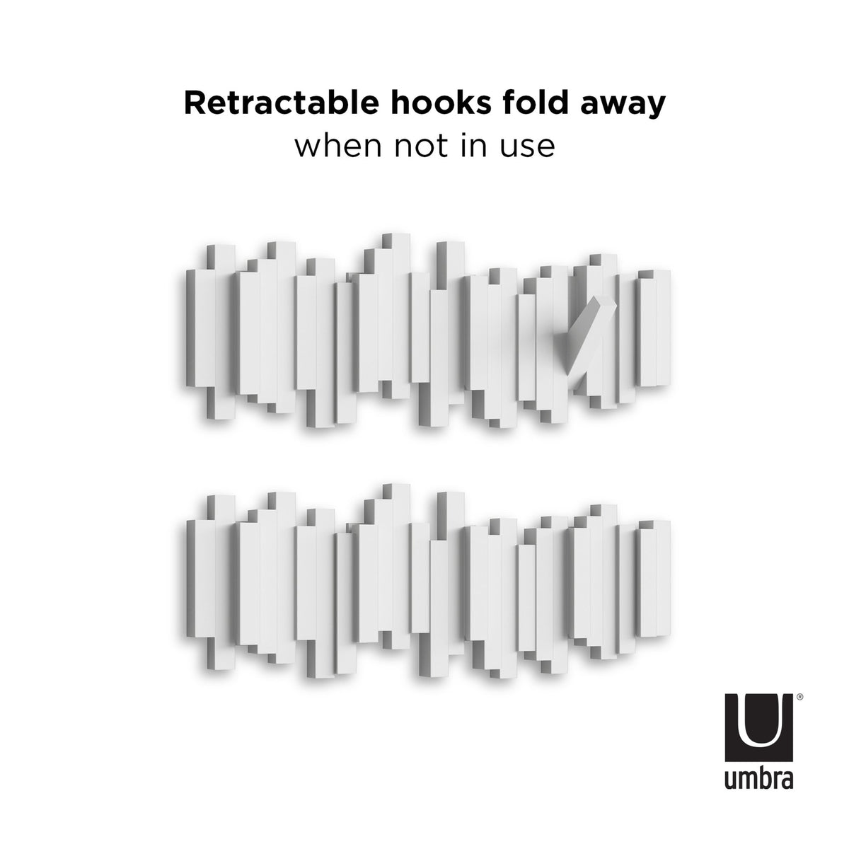 Umbra Sticks multi hook rack in white, retractable hooks shown folded away