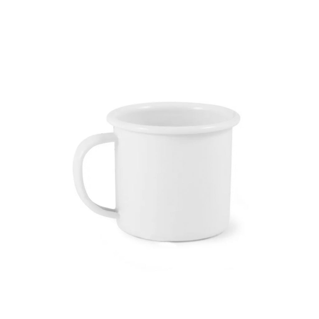Dishy's durable ENAMEL MUG ESPRESSO - WHITE on an enamel surface.