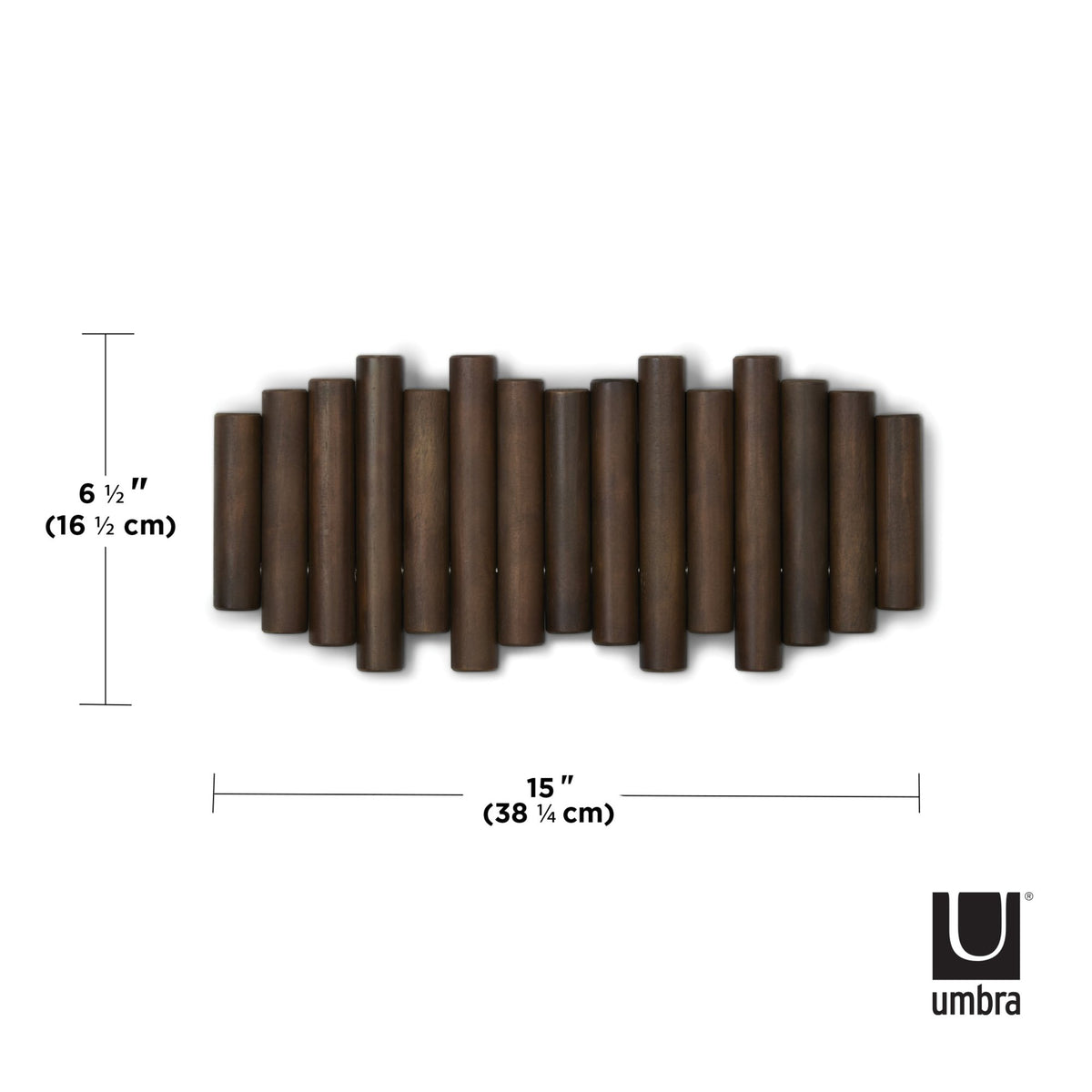 The dimensions of a wooden Umbra Picket Rail Wall Hook, perfect for adding wall art and providing flip hooks.