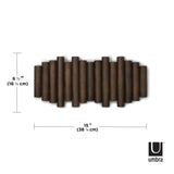 The dimensions of a wooden Umbra Picket Rail Wall Hook, perfect for adding wall art and providing flip hooks.