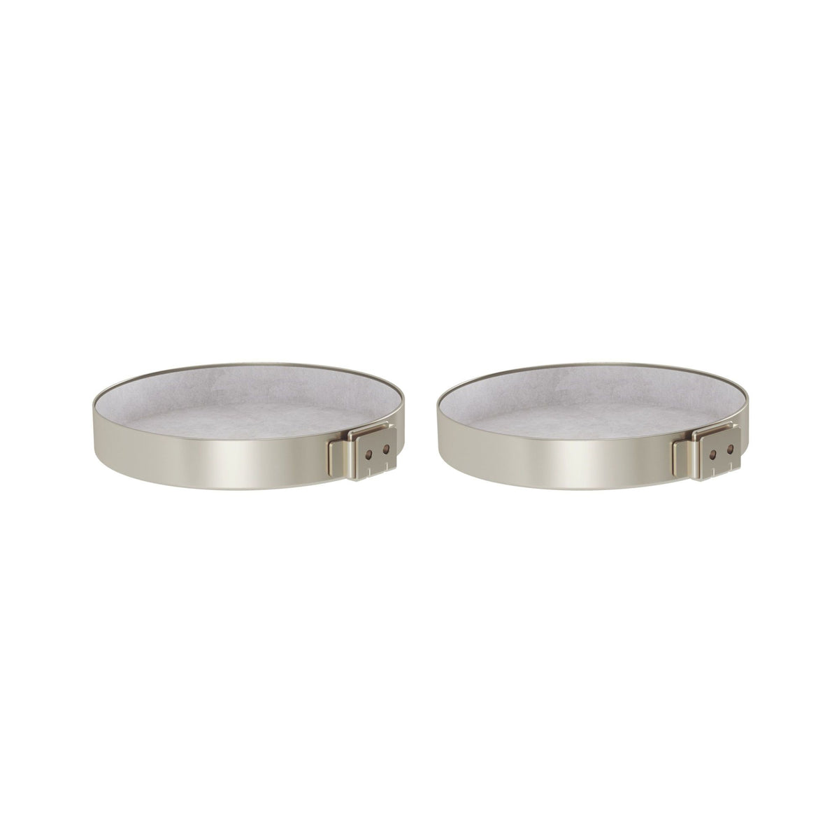 Umbra Perch set of 2 nickel round wall shelves, side view of the slim trays