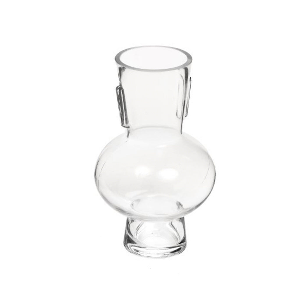 Estrada clear glass vase with a round bulbous body, straight neck and two small side lugs