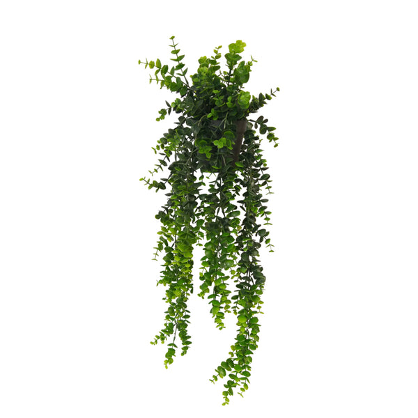 An Artificial Flora hanging plant installation with Faux Hanging Eucalyptus Plant Green / Grey leaves on a white background.