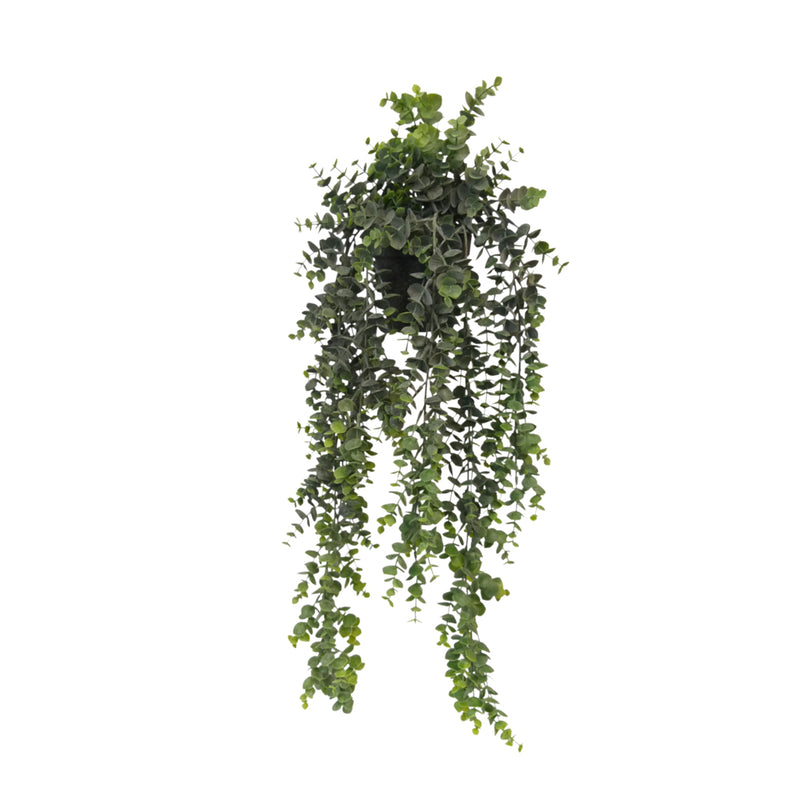 An Artificial Flora hanging plant installation with green leaves on a white background featuring the Potted Hanging Eucalyptus Grey/Green.