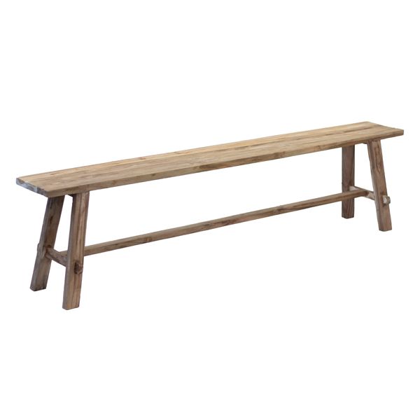 Teak long bench seen side on, the stretcher running between the splayed legs