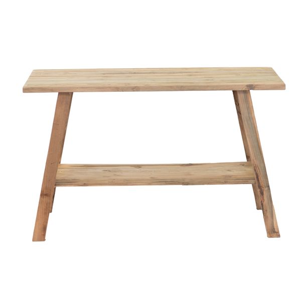 Rustico reclaimed teak console table seen side on, showing the plank top, splayed legs and lower shelf