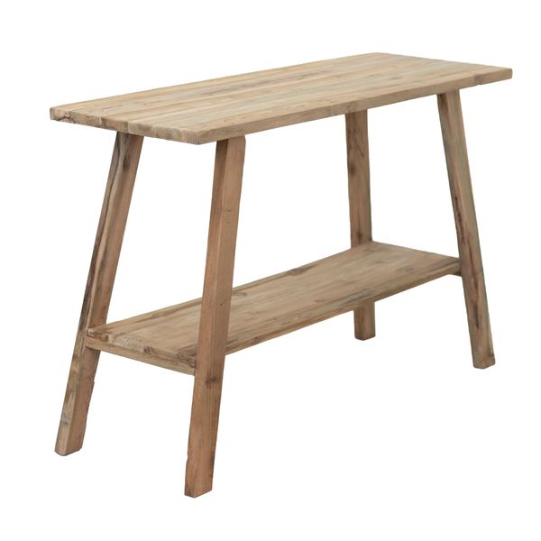 Three quarter view of the Rustico teak console table, natural finish with a slatted lower storage shelf