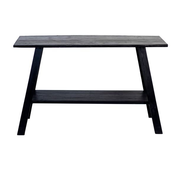 Rustic reclaimed teak console in black, a plank top on splayed legs above a lower shelf