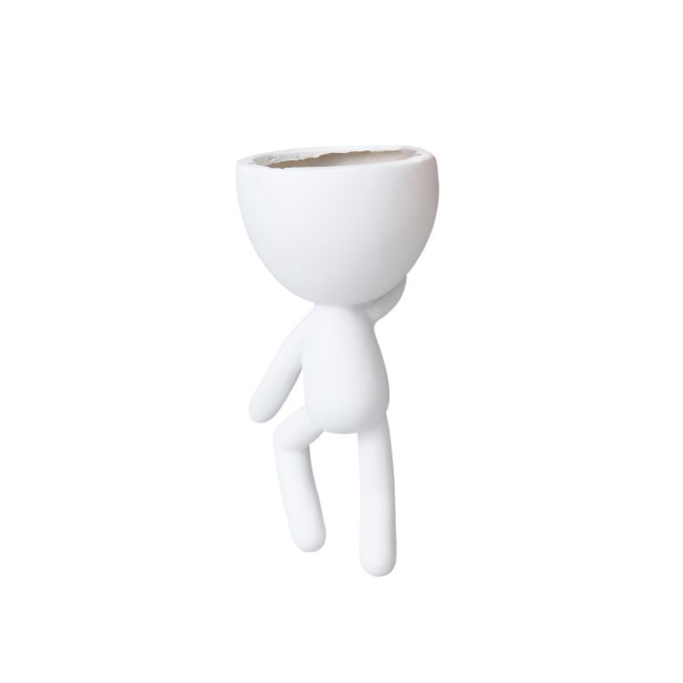 White egg head planter with a bowl shaped opening, slim body and dangling legs, on a white background