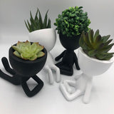 Three black and white planters, one of which is a Wall Egg Head Planter - White / Black by Flux Home, with succulents in them.