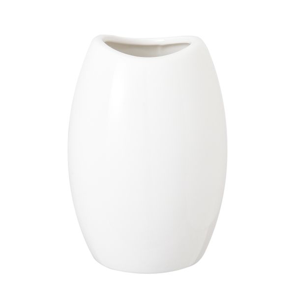 Medium oval white Nordic vase with an angled opening, side view on a plain white background