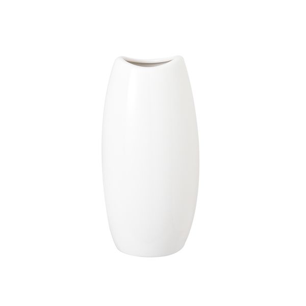 Tall white Nordic ceramic vase with an angled cut rim, shown alone on a plain white background