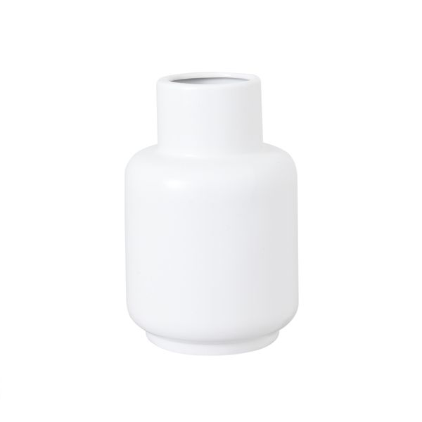 Flora ceramic vase in matte white, rounded body with a short neck, plain background