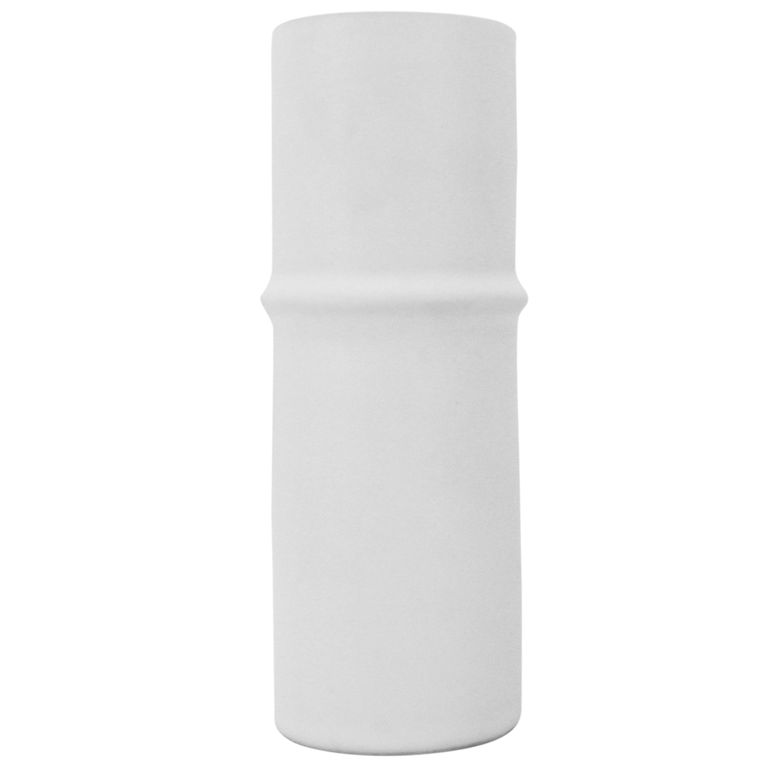 White ceramic bamboo vase in the tall size on a plain background, ridge across the middle