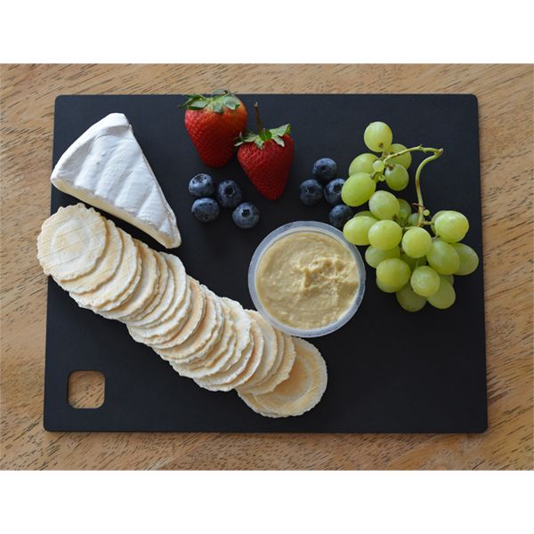 A Dishy CHOPPING BOARD - Black with cheese, fruit and crackers.
