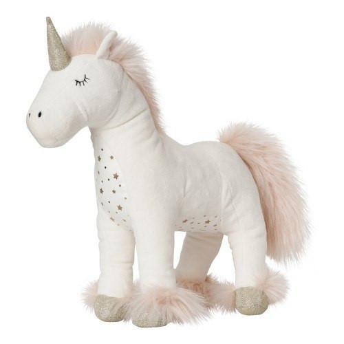 A Stardust the Unicorn stuffed animal standing on a white background by Lily & George.