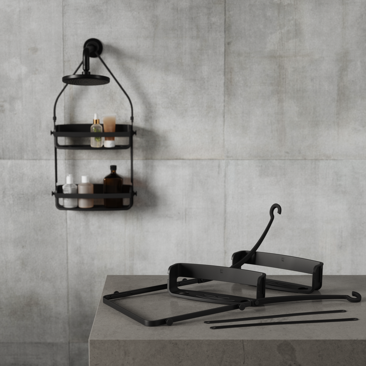 Umbra Flex shower caddy in black on a shower head, shown again flat-packed