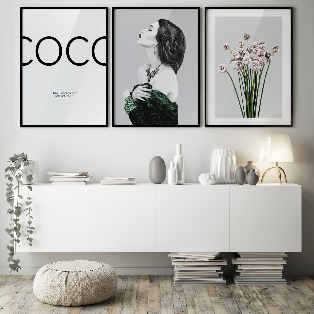 Allium Print hung beside two fashion prints above a white sideboard in a living room