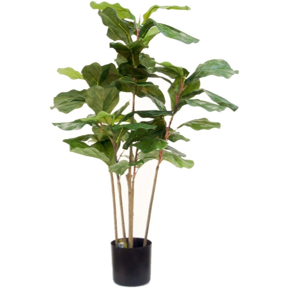 Faux fiddle leaf fig tree potted in a woven planter basket