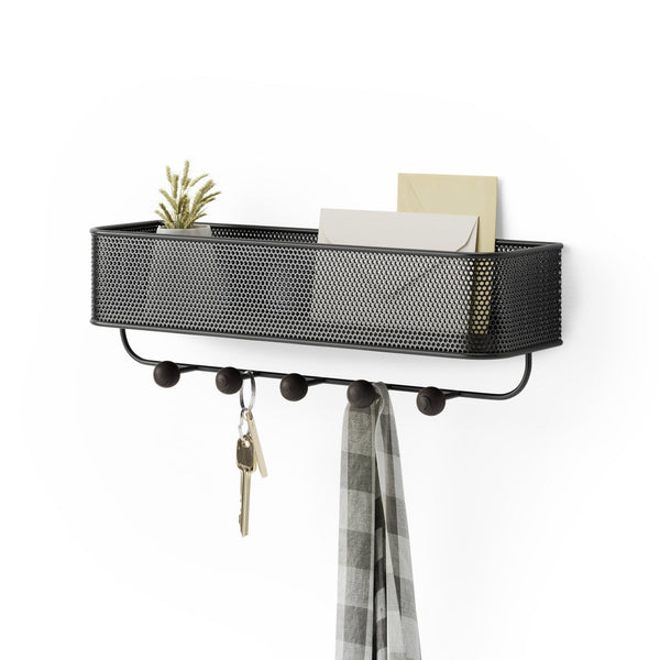 A minimalist wall-mounted organizer featuring an Umbra ESTIQUE KEY HOOK & ORGANIZER - White / Black shelf with hooks and a key holder.