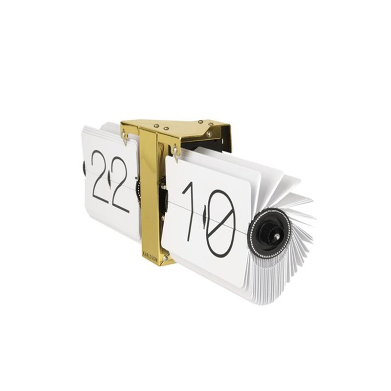 Aesthetic design with a minimal Karlsson clock featuring a Flip No Case white/Brass calendar attachment.