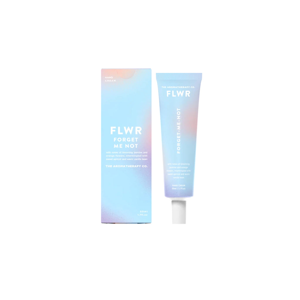 FLWR Forget-Me-Not hand cream tube beside its pale blue box on a white background