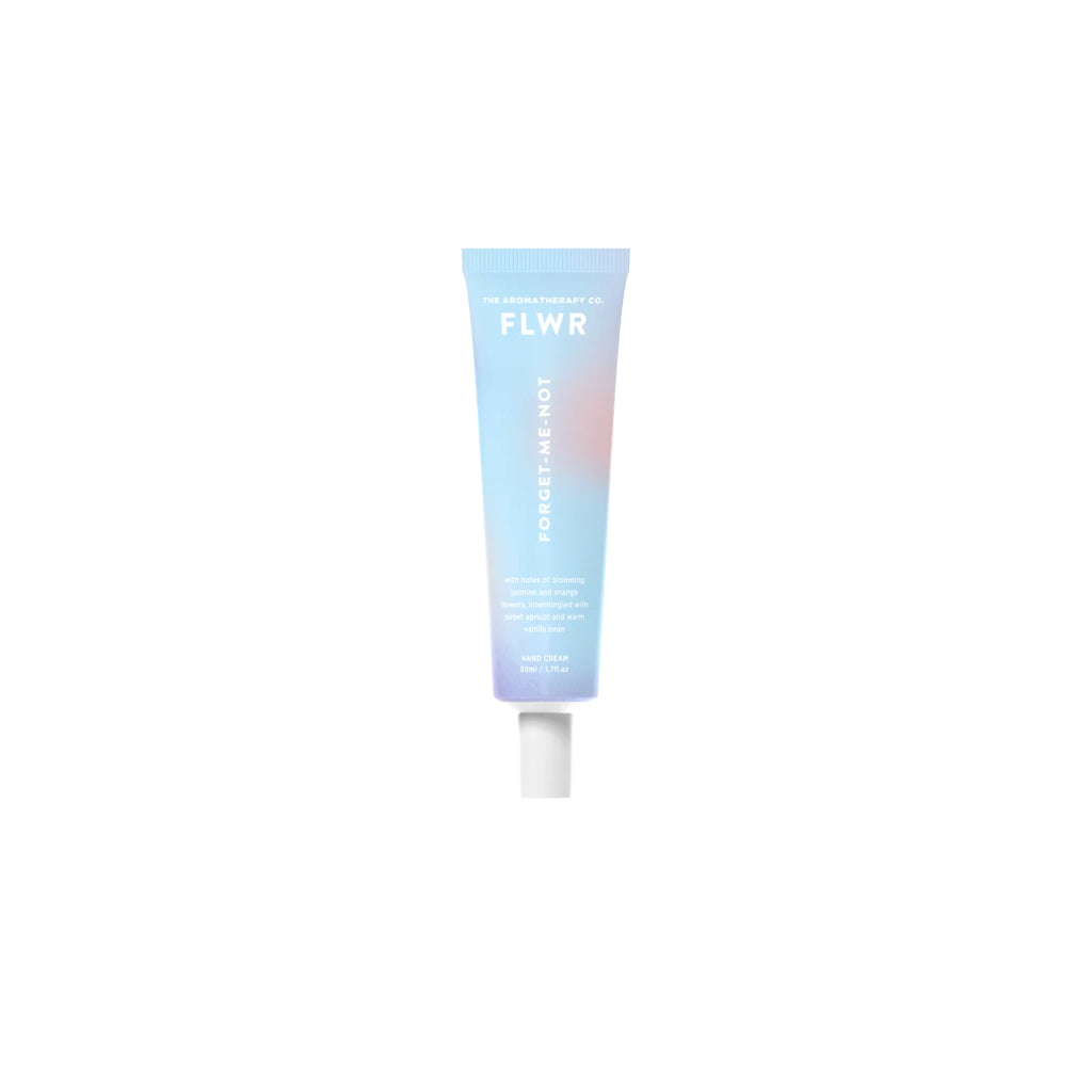FLWR Forget-Me-Not hand cream in a blue and violet gradient tube on a white background