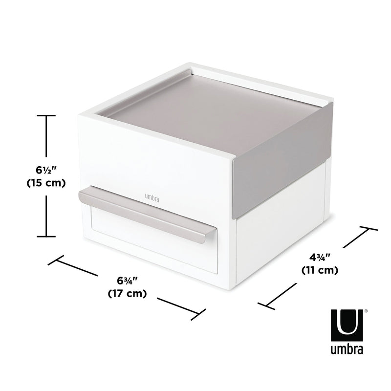 The dimensions of a Umbra STOWIT MINI JEWELRY BOX WHT/NKL with hidden compartments.