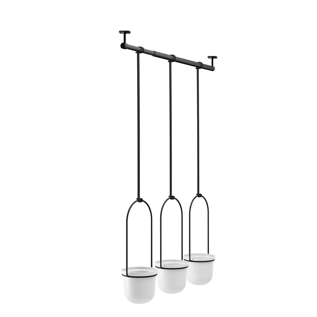 Three Umbra TRIFLORA HANGING PLANTERS on a white background.