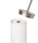 A bathroom appliance, the Umbra Portaloo Toilet Paper Stand - White/Nickel, features a metal handle.