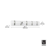 An Umbra Flip 5 Hook White wall mounted shelf with measurements on it, offering space-saving functionality.