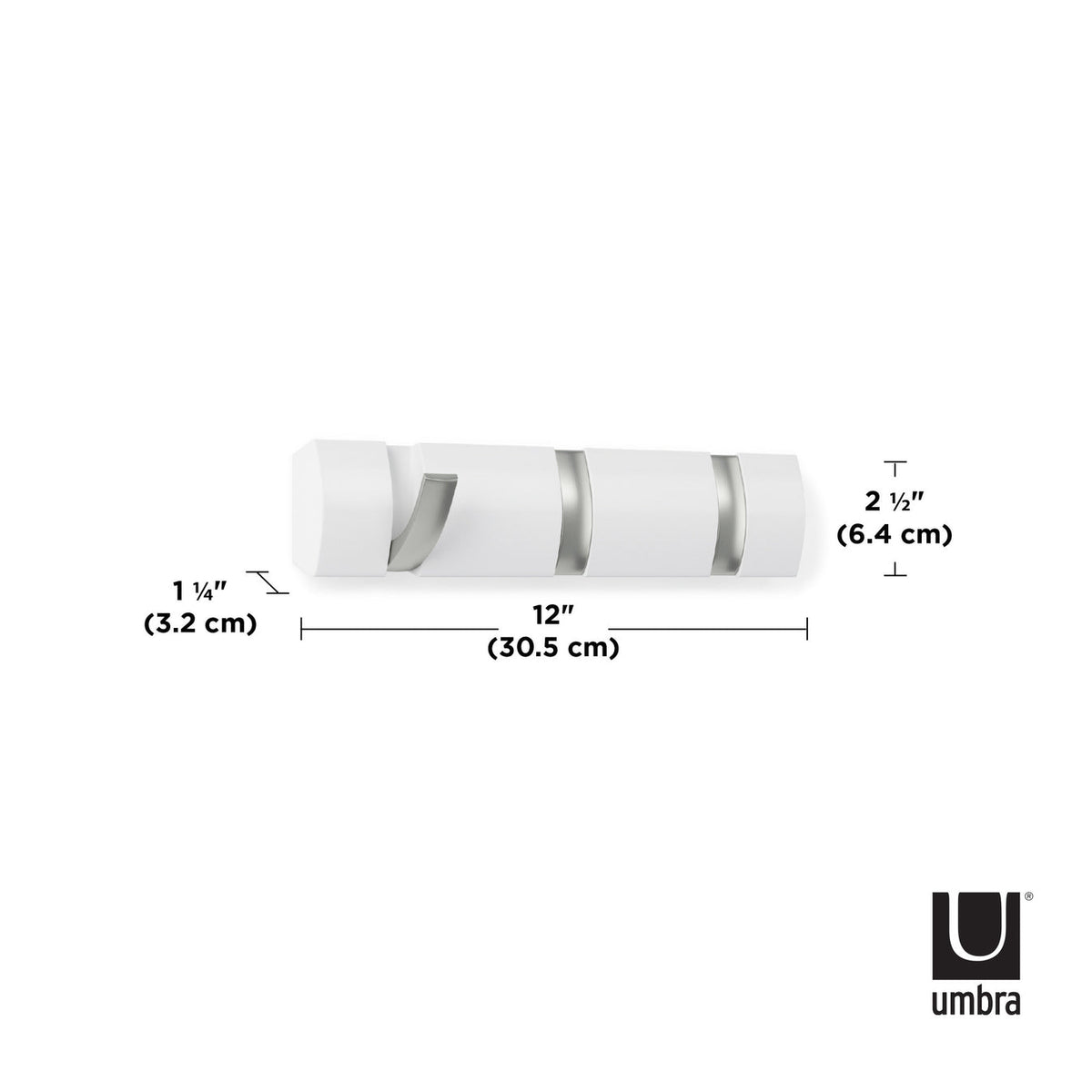 Dimension diagram of the white Umbra Flip 3 hook rack, 30.5cm long
