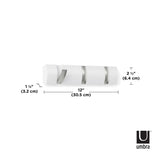 An image of a white Umbra Flip 3 Hook White wall mounted coat rack with retractable hooks and measurements.