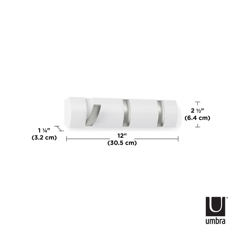 An image of a white Umbra Flip 3 Hook White wall mounted coat rack with retractable hooks and measurements.