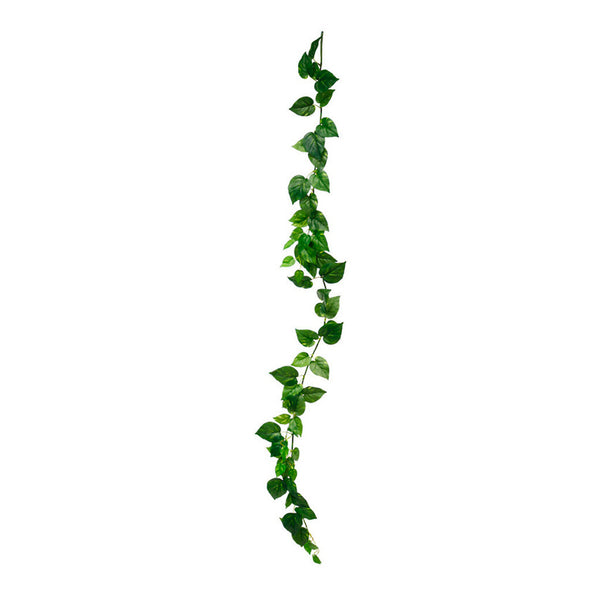 An Artificial Flora Pothos Garland Variegated 1.8m, symbolizing greenery, hanging on a white background.