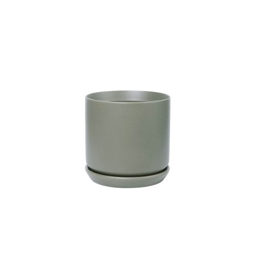 Oslo Sage stoneware planter with matching saucer and drainage hole, soft sage green cylindrical pot