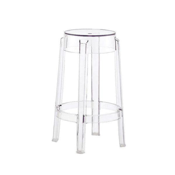 A transparent Flux Home Casper Bar Stool - 75cm on a white background, showcasing its crystal appearance.