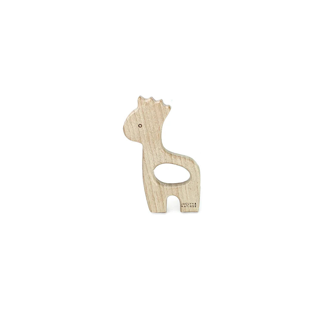 Georgie the Giraffe wooden teether on a plain white background