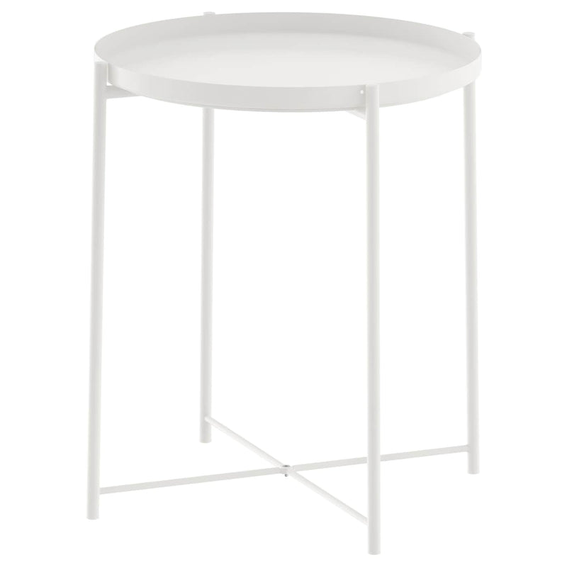A Flux Home White Tray Table with convenient and easy to move metal legs.